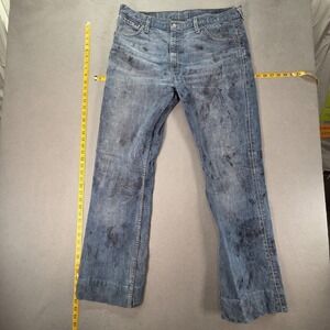 Levis 507 Jeans Mens Blue Med Wash Altered Hem Heavily Stained Fits 36x33